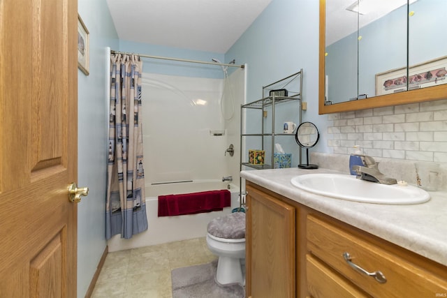 bathroom with backsplash, toilet, shower / bath combo, vanity, and tile patterned flooring