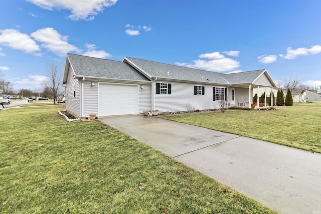 single story home with covered porch, concrete driveway, an attached garage, and a front yard