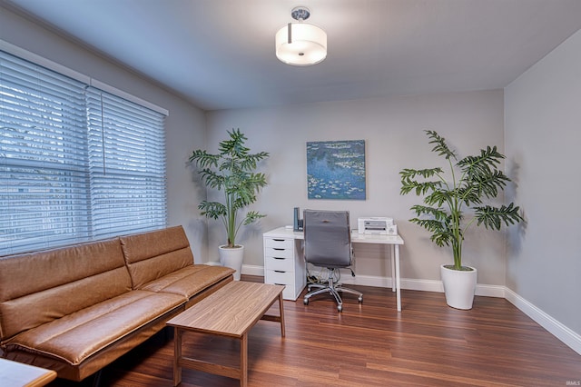 home office with wood finished floors and baseboards