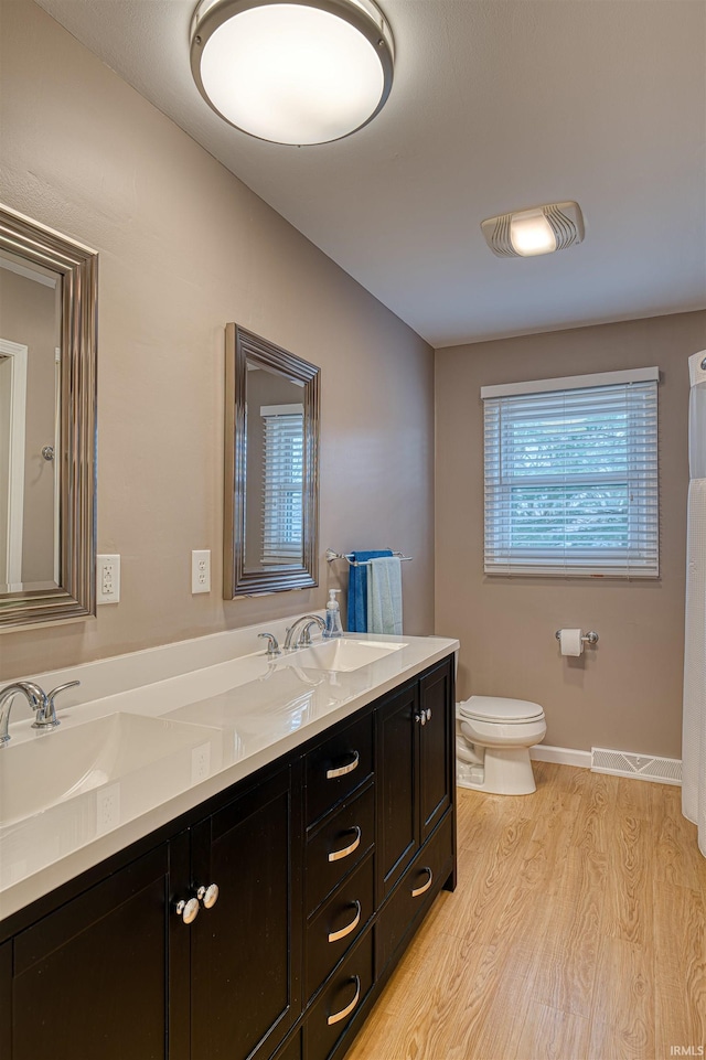 bathroom with a sink, double vanity, wood finished floors, and toilet