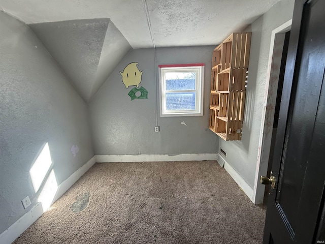 additional living space featuring carpet, a textured wall, vaulted ceiling, a textured ceiling, and baseboards