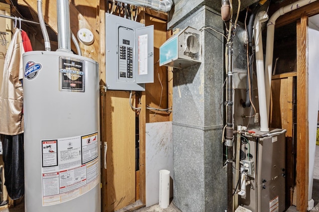 utility room with gas water heater and electric panel