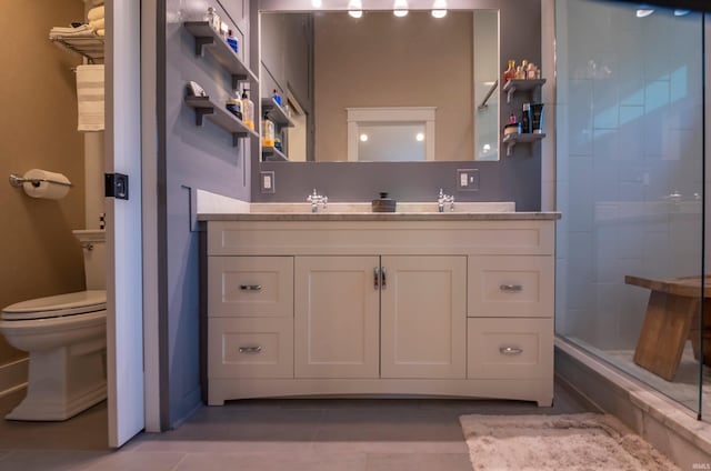 full bath featuring vanity, a shower stall, toilet, and tile patterned floors