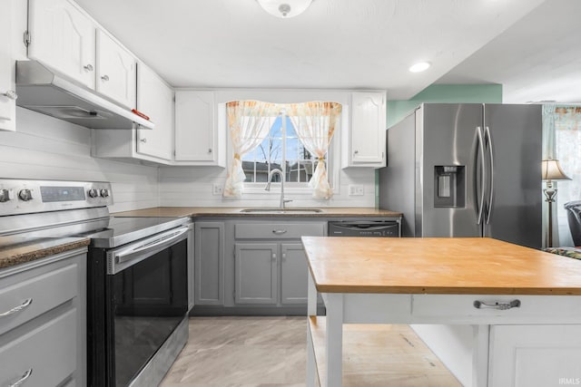 kitchen with under cabinet range hood, stainless steel appliances, butcher block counters, a sink, and white cabinets