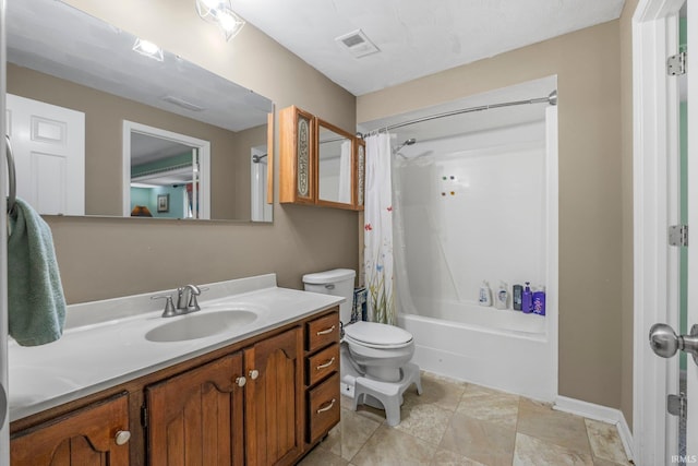 full bath featuring toilet, shower / bath combo, visible vents, and vanity