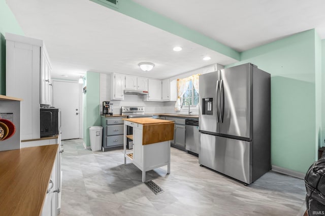 kitchen featuring wood counters, stainless steel appliances, under cabinet range hood, white cabinetry, and a sink