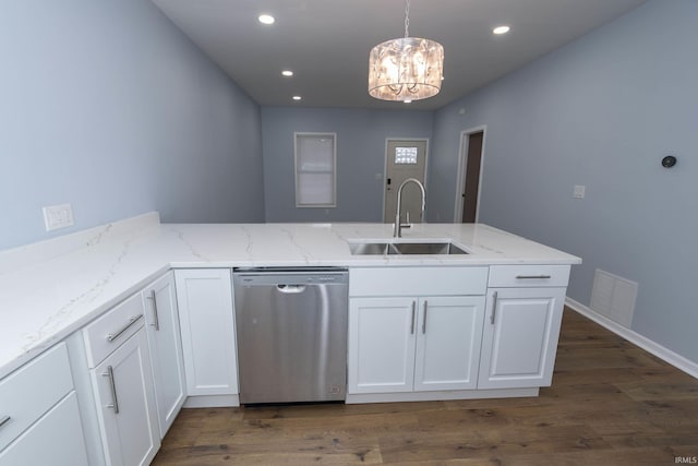 kitchen with visible vents, white cabinets, a peninsula, stainless steel dishwasher, and a sink