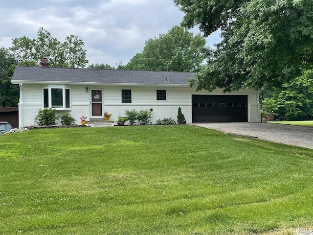 single story home featuring a front yard, a garage, brick siding, and a chimney