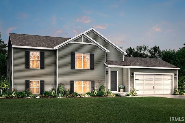 view of front of house with a garage, a front lawn, concrete driveway, and roof with shingles