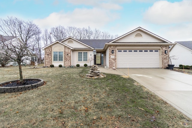 ranch-style home featuring a garage, concrete driveway, brick siding, and a front lawn