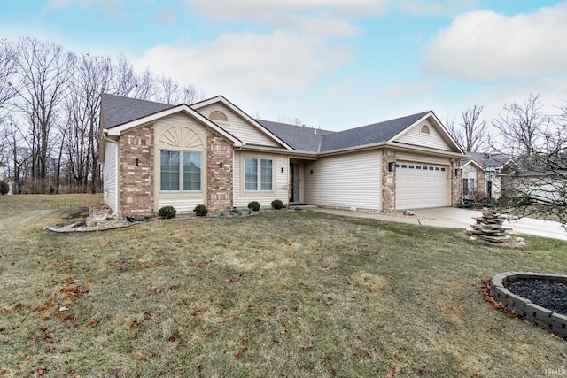 ranch-style home with an attached garage, brick siding, concrete driveway, roof with shingles, and a front lawn