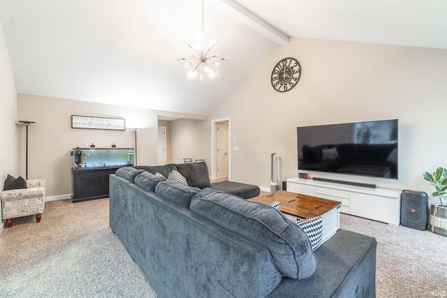 living room with baseboards, beam ceiling, a chandelier, and carpet flooring