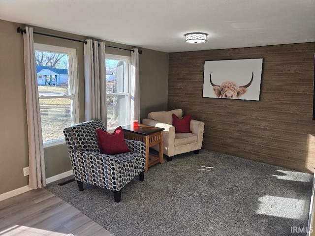 living area featuring an accent wall, wood walls, baseboards, and wood finished floors