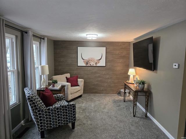 living area with an accent wall, wood walls, carpet flooring, and baseboards