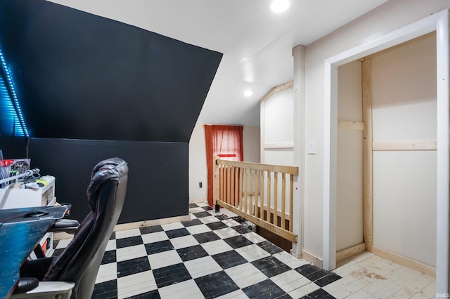 office area with vaulted ceiling, recessed lighting, baseboards, and tile patterned floors