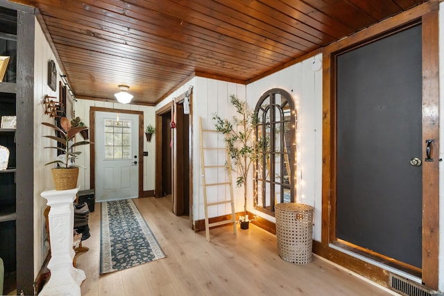 entryway with wooden ceiling, wood finished floors, and visible vents