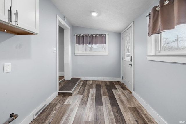 interior space with visible vents, baseboards, dark wood-style floors, vaulted ceiling, and a textured ceiling