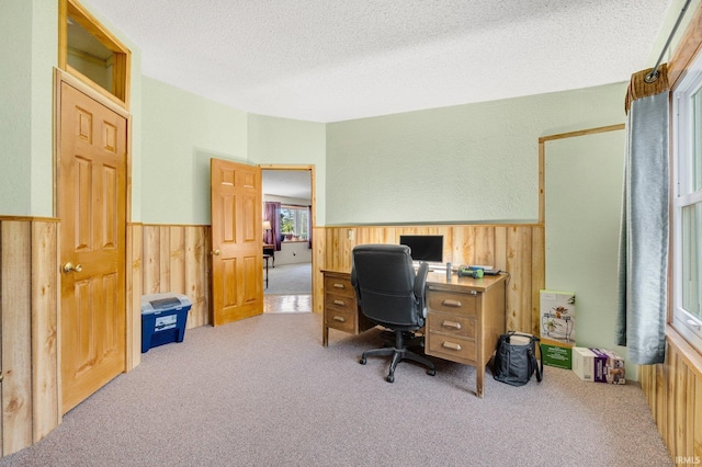 carpeted office featuring a wainscoted wall, wood walls, and a textured ceiling