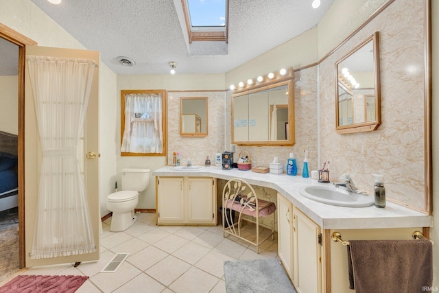 bathroom with double vanity, a skylight, a textured ceiling, and a sink