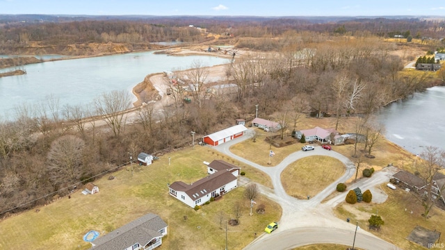 drone / aerial view with a water view and a view of trees