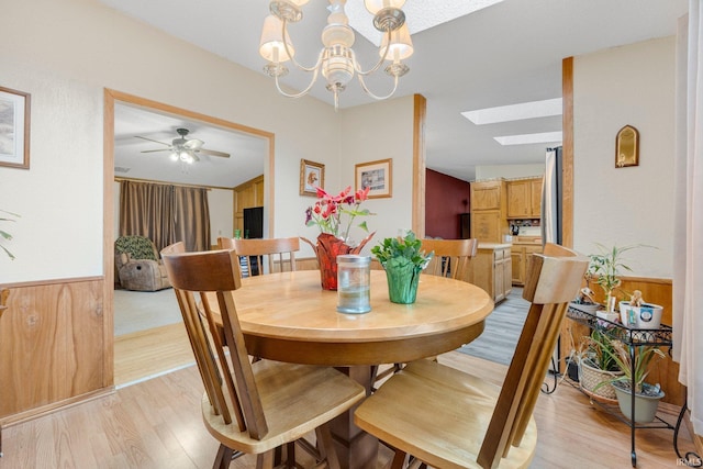 dining area with a skylight, wainscoting, wooden walls, and light wood finished floors