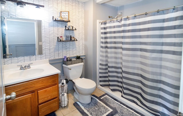 bathroom with vanity, a shower with shower curtain, tile patterned flooring, and toilet