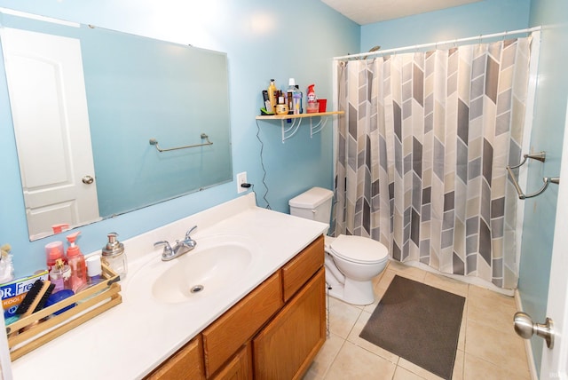 full bathroom with a shower with shower curtain, tile patterned flooring, vanity, and toilet