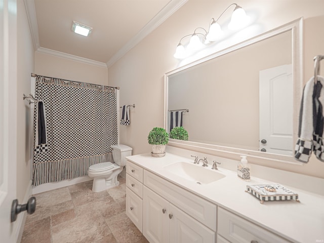 bathroom with a shower with curtain, vanity, toilet, and crown molding