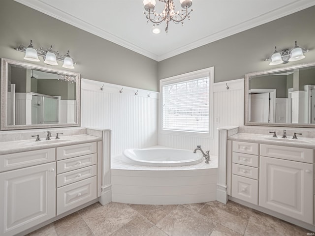 bathroom featuring a stall shower, crown molding, two vanities, and a sink