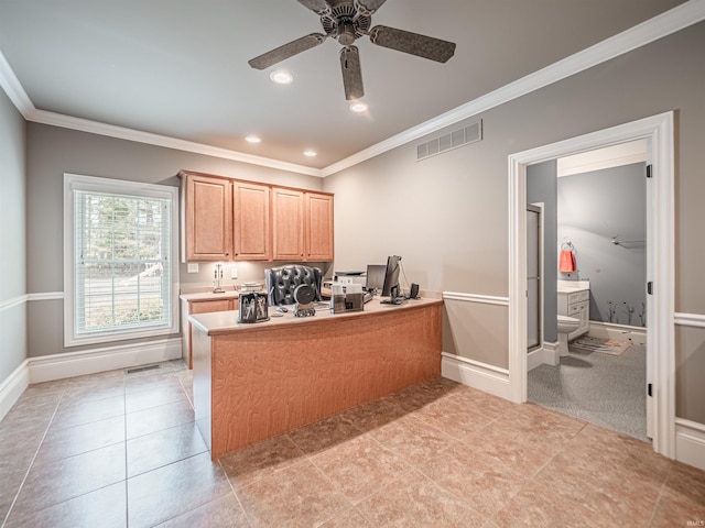 office space with ornamental molding, visible vents, and light tile patterned floors