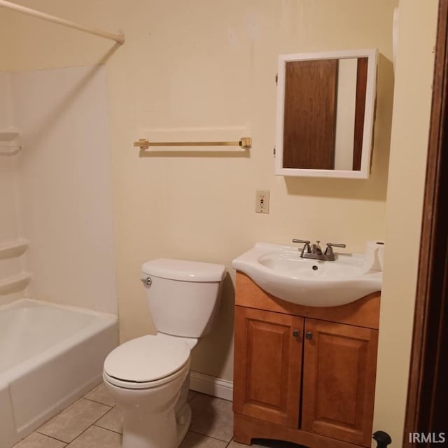 full bath featuring toilet, shower / bath combination, tile patterned flooring, and vanity