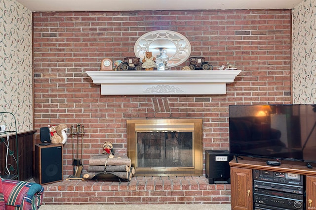 details with a wainscoted wall and a brick fireplace