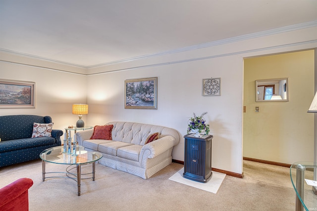 carpeted living room featuring baseboards and crown molding