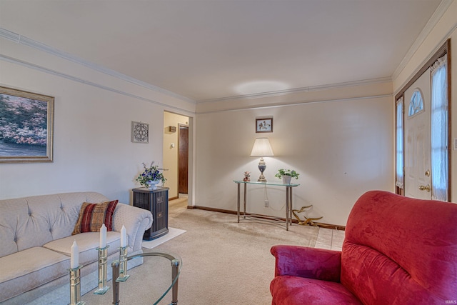 living room featuring carpet floors, ornamental molding, and baseboards