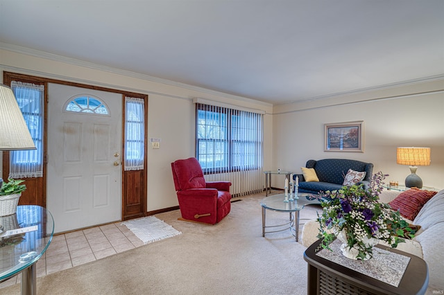 entryway featuring plenty of natural light, ornamental molding, carpet, and tile patterned floors