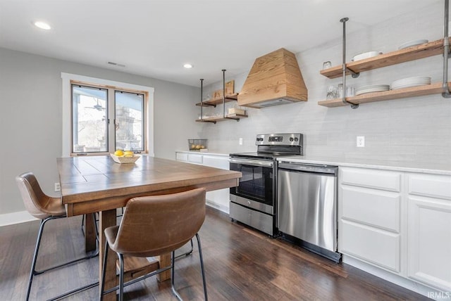 kitchen featuring stainless steel appliances, custom exhaust hood, open shelves, and backsplash