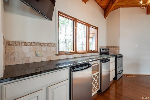 kitchen featuring dark wood-style floors, electric range, decorative backsplash, white cabinets, and wooden ceiling