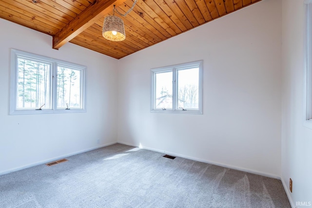 carpeted empty room with wooden ceiling, visible vents, and plenty of natural light