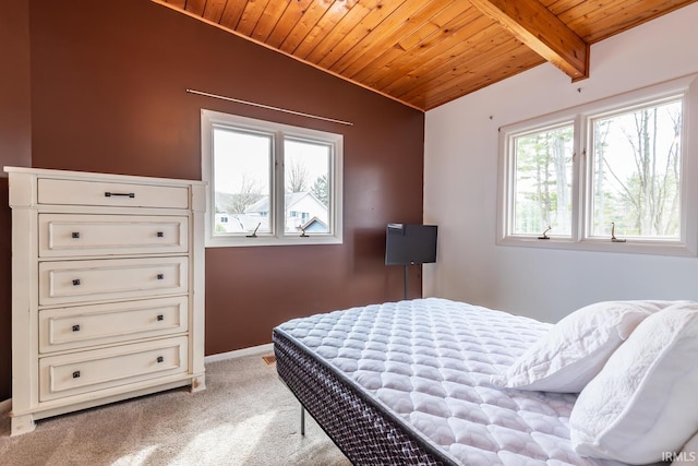 bedroom featuring lofted ceiling with beams, wood ceiling, light carpet, and baseboards