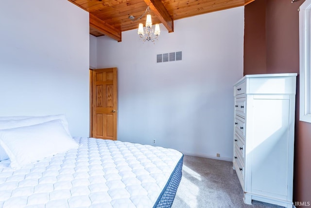 unfurnished bedroom with visible vents, wooden ceiling, beamed ceiling, carpet floors, and a chandelier