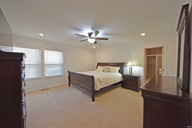 bedroom with recessed lighting, visible vents, ceiling fan, and light colored carpet