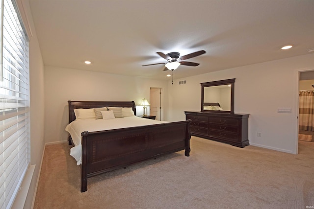 bedroom with visible vents, baseboards, a ceiling fan, carpet floors, and recessed lighting