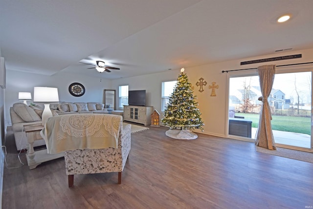 bedroom with access to outside, baseboards, dark wood finished floors, and a ceiling fan