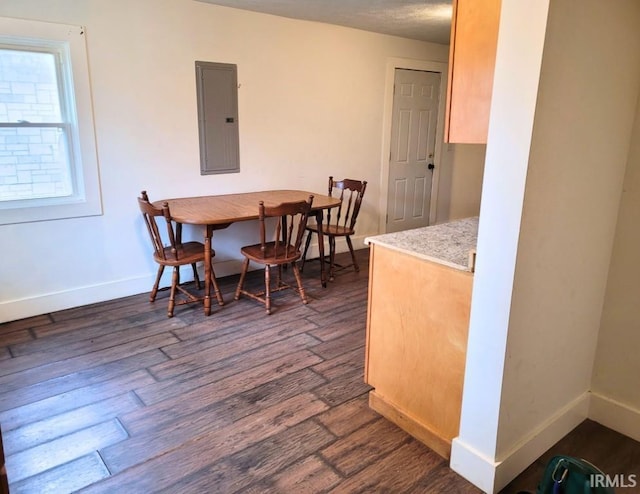 dining room with dark wood-type flooring, electric panel, and baseboards