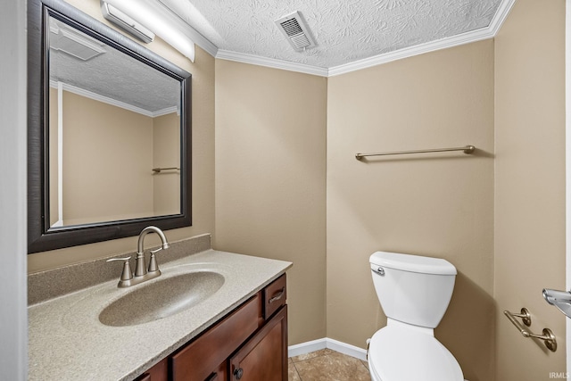 bathroom featuring crown molding, visible vents, toilet, vanity, and a textured ceiling