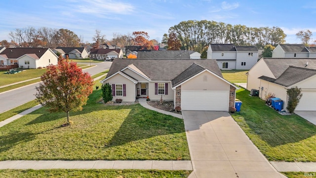 ranch-style house featuring driveway, a garage, a residential view, cooling unit, and a front lawn