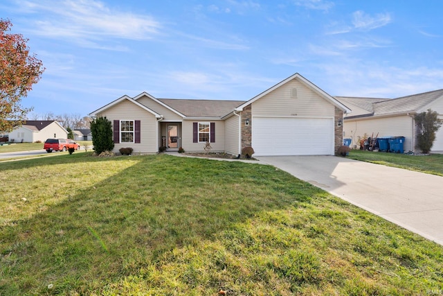 ranch-style home featuring a garage, concrete driveway, and a front yard