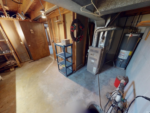 unfinished basement with water heater and heating unit