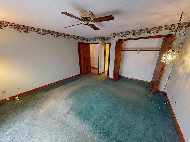 unfurnished bedroom featuring ceiling fan, carpet floors, and baseboards