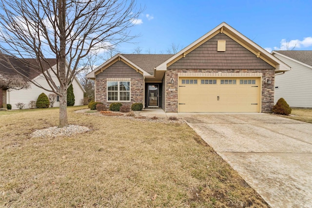 view of front facade featuring an attached garage, stone siding, concrete driveway, and a front yard